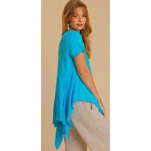 New Umgee S M Turquoise Blue Linen Blend Sharkbite Hem Oversized Tunic Top